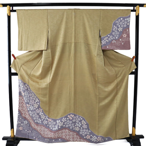 訪問着 リサイクル 身丈159cm 裄65cm 袷 観世水 花柄 部分絞り ベージュ サイズ セミフォーマル お洒落 一つ紋 正絹 広衿 Sランク